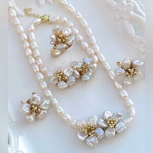 S10-Handmade 4 Pcs Flower Necklace, Bracelet, Earrings And Adjustable Ring Set